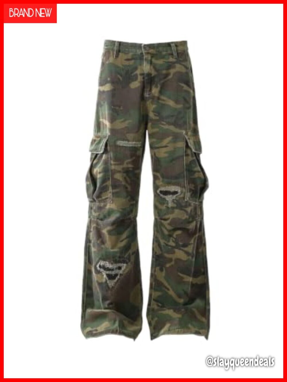 Unisex Ripped Camo Cargo Pants Baggy Wide Leg Distressed Y2K Streetwear